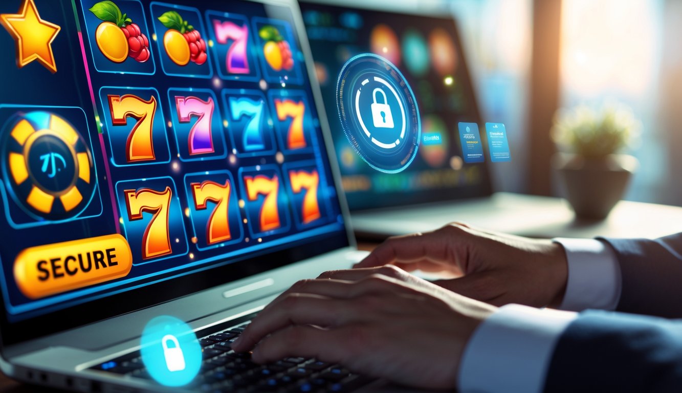 Seseorang menggunakan laptop yang menampilkan permainan slot warna-warni dengan ikon keamanan di latar belakang.