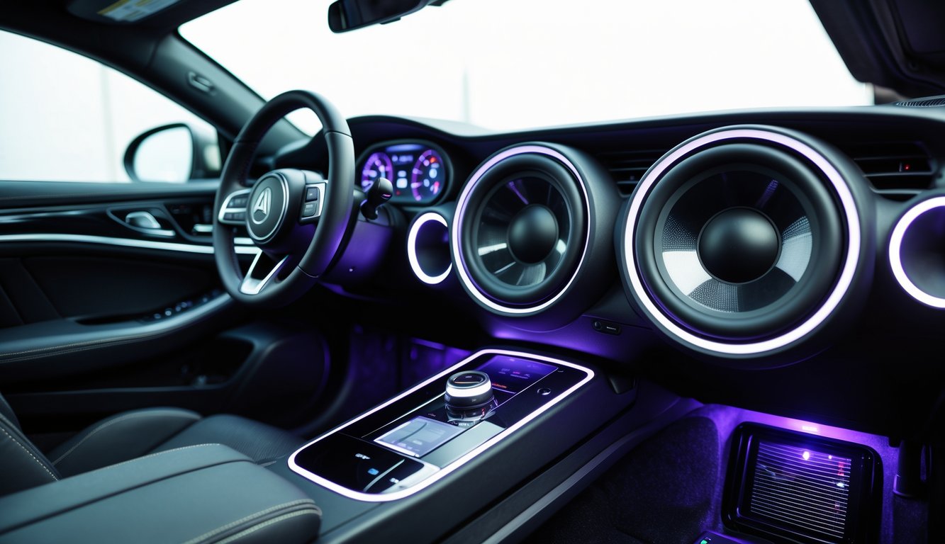 Interior mobil modern dengan sistem audio yang menampilkan subwoofer besar dan speaker bass kuat