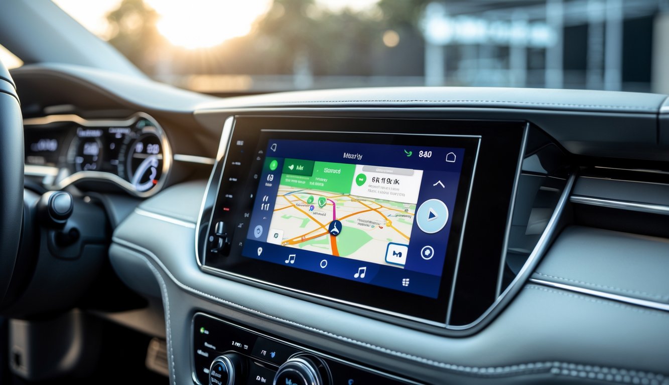 Unit kepala mobil canggih dengan layar sentuh besar dan tampilan antarmuka modern di dasbor mobil.