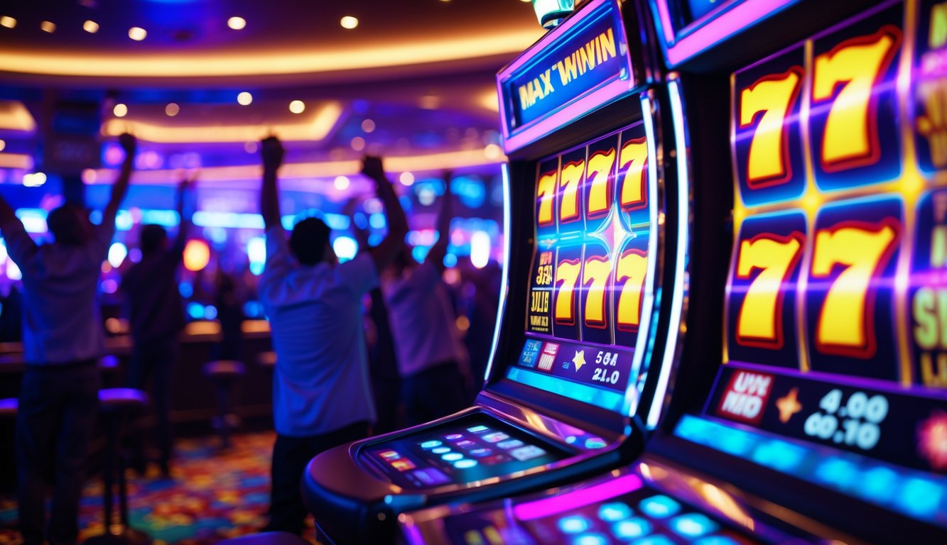 Mesin slot yang menyala dengan lampu warna-warni di kasino malam hari, suasana ramai dan orang-orang merayakan kemenangan.