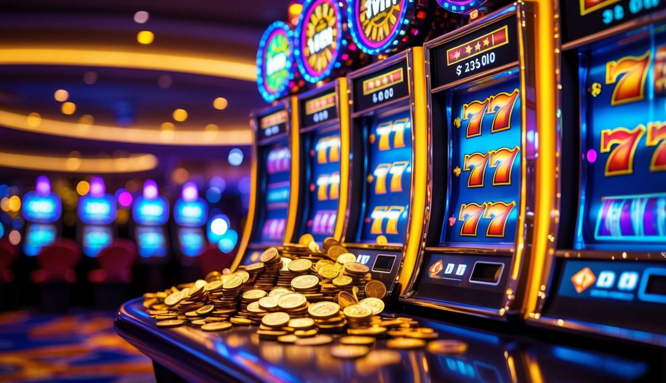Mesin slot di kasino dengan lampu warna-warni dan koin yang tumpah saat menang besar.