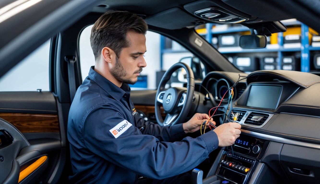 Seorang teknisi sedang memasang sistem audio mobil profesional di dalam kendaraan modern.