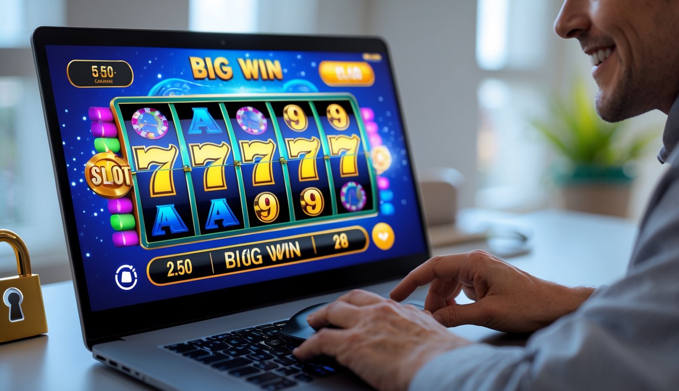 Seorang pemain dewasa menggunakan komputer dengan tampilan mesin slot berwarna cerah di layar dalam suasana yang aman dan nyaman.