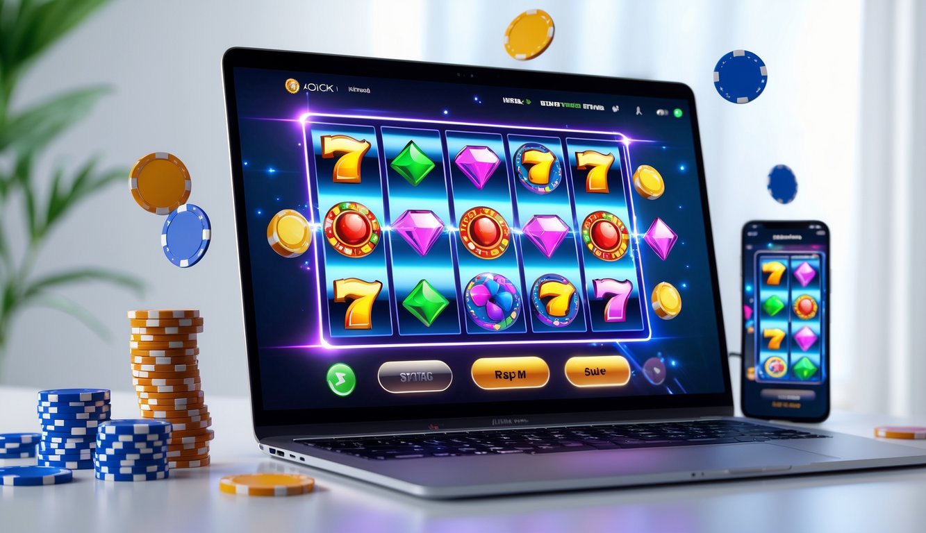 Seseorang sedang bermain permainan slot online di komputer dengan simbol warna-warni dan perangkat pendukung di meja.