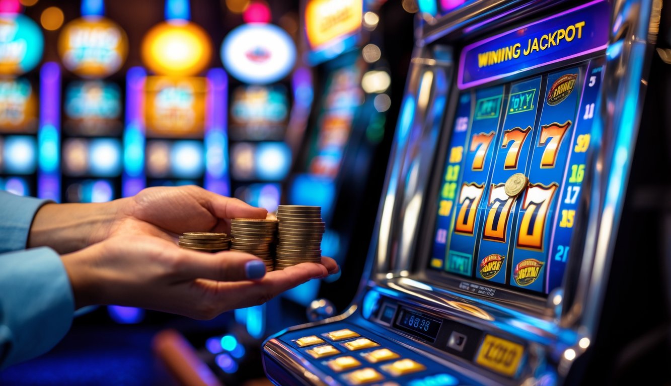 Seseorang memegang sejumlah uang kecil di dekat mesin slot yang menunjukkan kemenangan besar di latar belakang kasino.