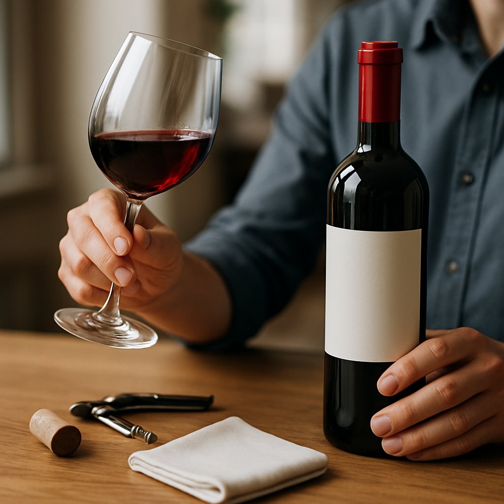 Como Saber Se o Vinho Está Adulterado: Dicas Práticas para Identificação Segura 2 Pessoa examinando um copo de vinho tinto próximo a uma garrafa, com acessórios de vinho sobre uma mesa de madeira.