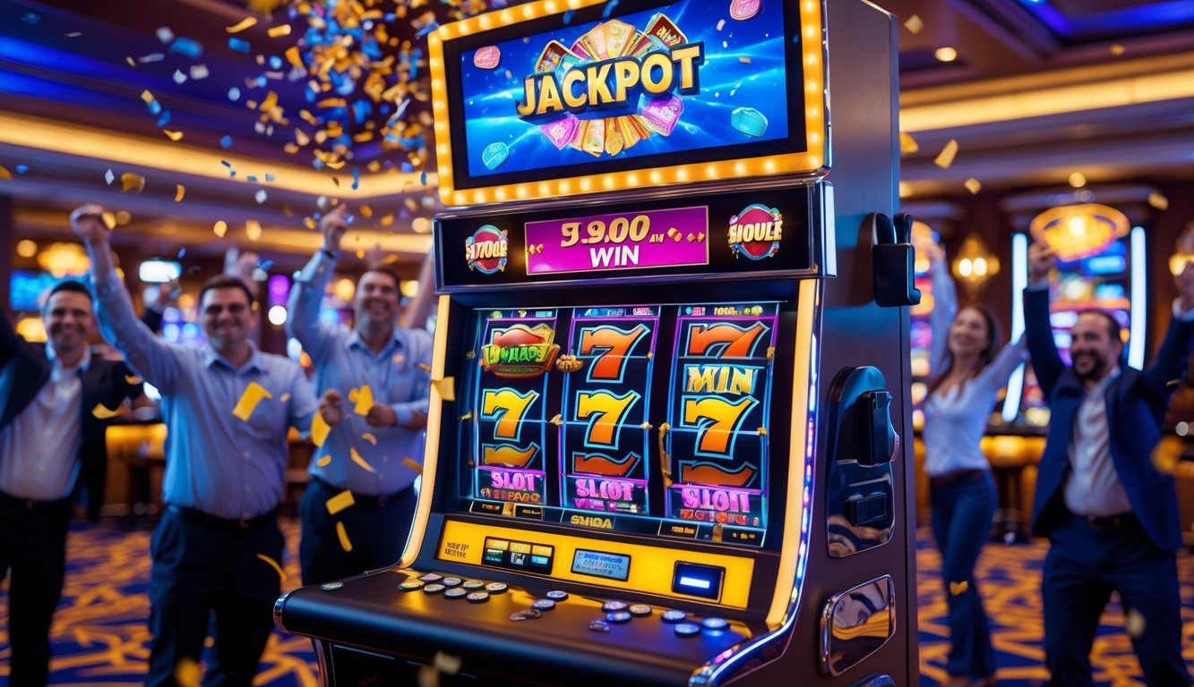 Mesin slot kasino dengan lampu terang dan pemain yang sedang merayakan kemenangan jackpot.