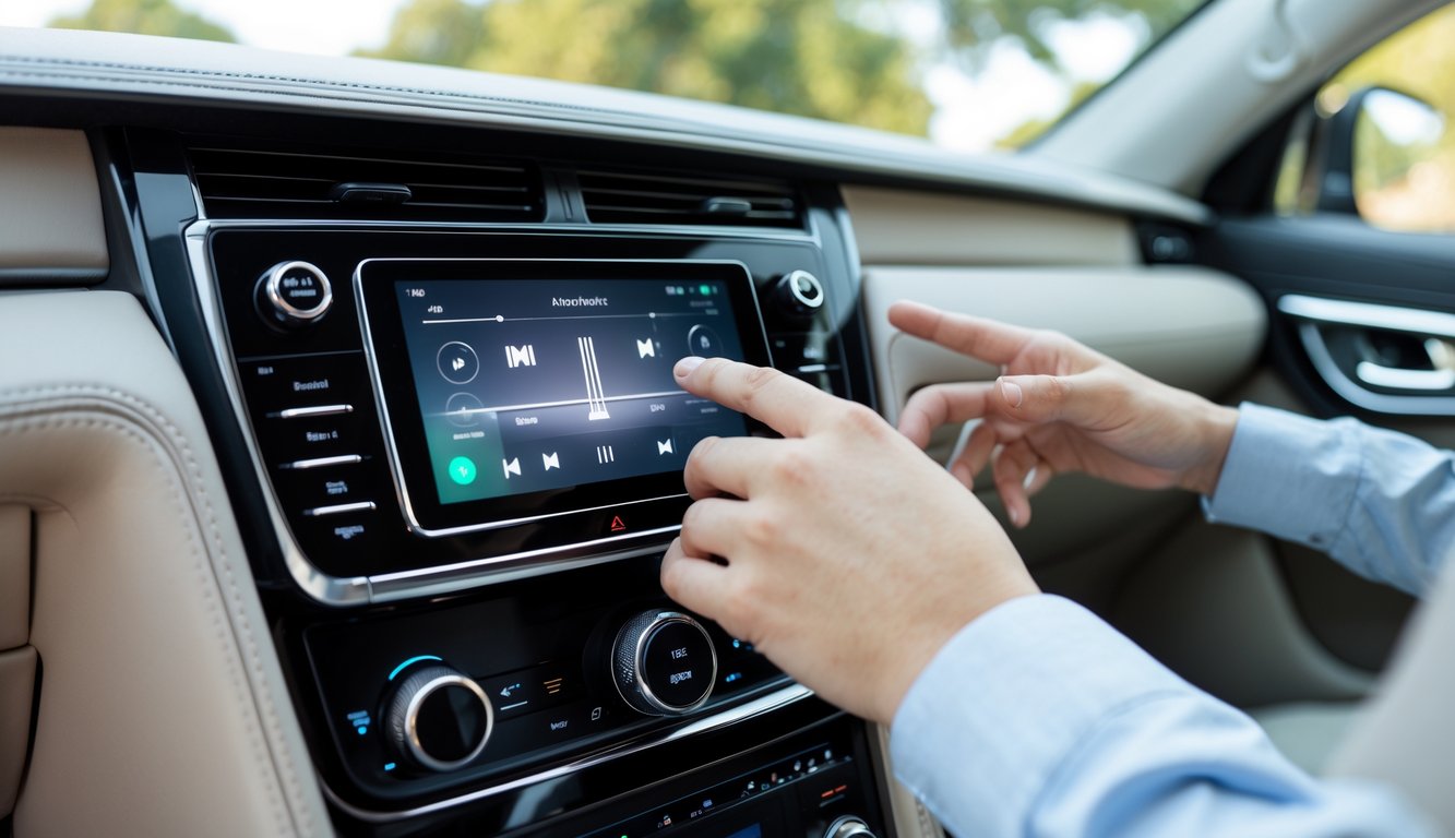 Tangan seseorang sedang mengatur sistem audio mobil di dalam kabin mobil yang terang dan rapi.