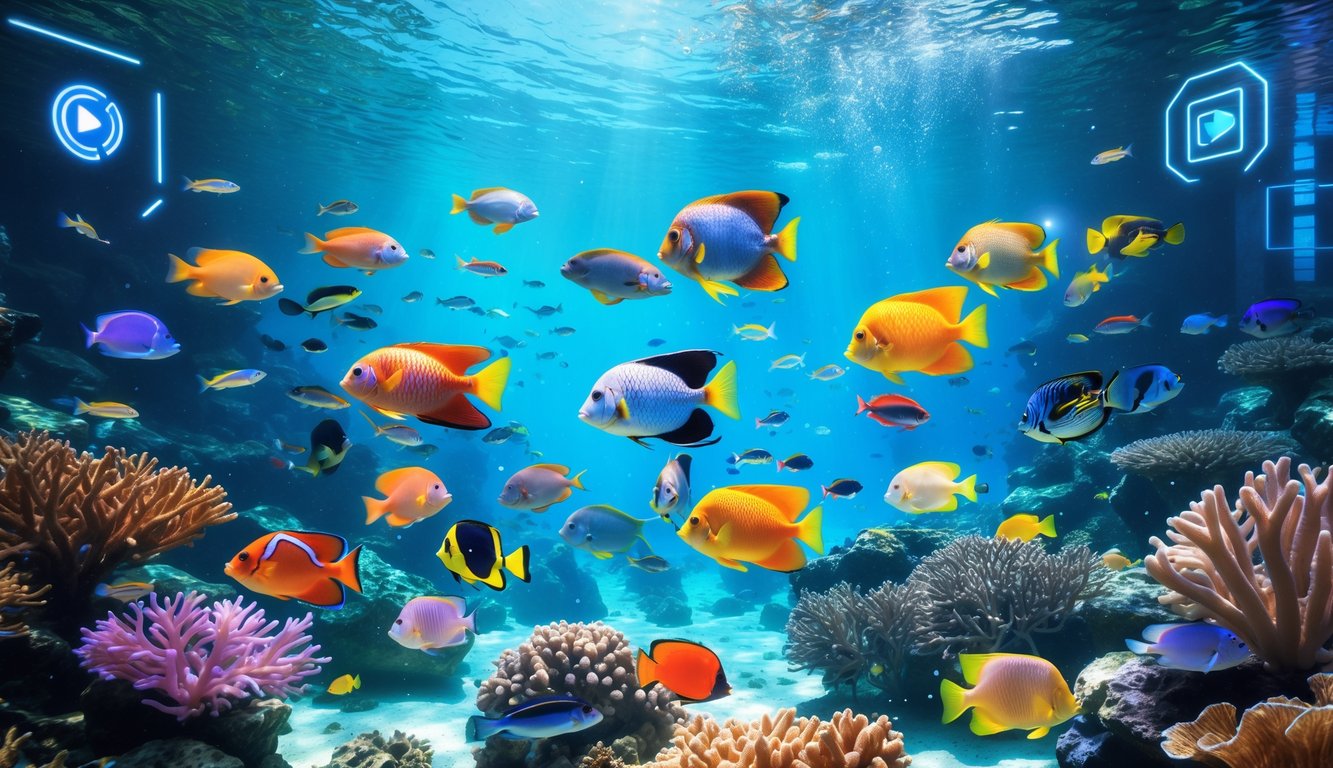 Pemandangan bawah laut dengan ikan tropis berwarna-warni berenang di antara terumbu karang yang jernih dan bercahaya.