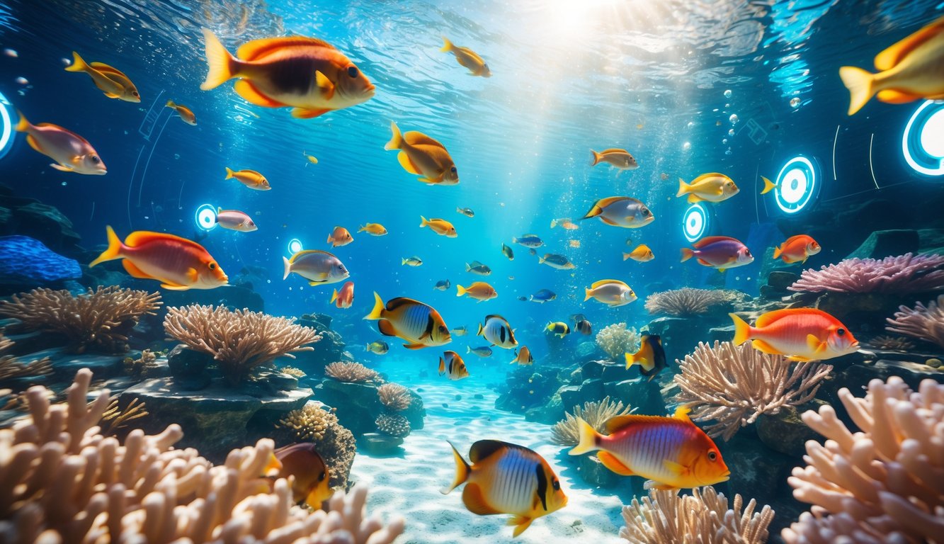 Pemandangan bawah laut dengan berbagai ikan berwarna-warni berenang di sekitar terumbu karang yang jernih dan cerah.