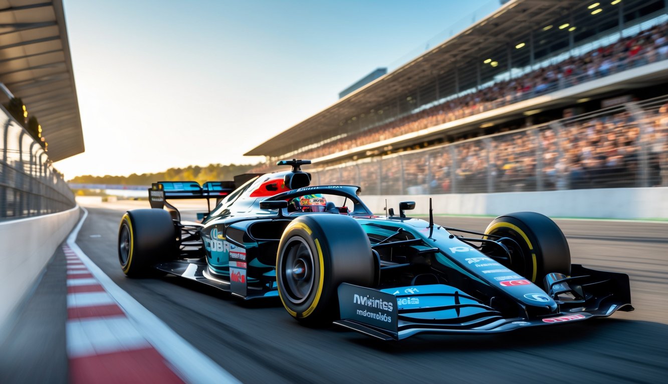 Mobil Formula 1 terbaru tahun 2025 sedang melaju di lintasan balap dengan penonton di tribun dan fasilitas pit modern di latar belakang.