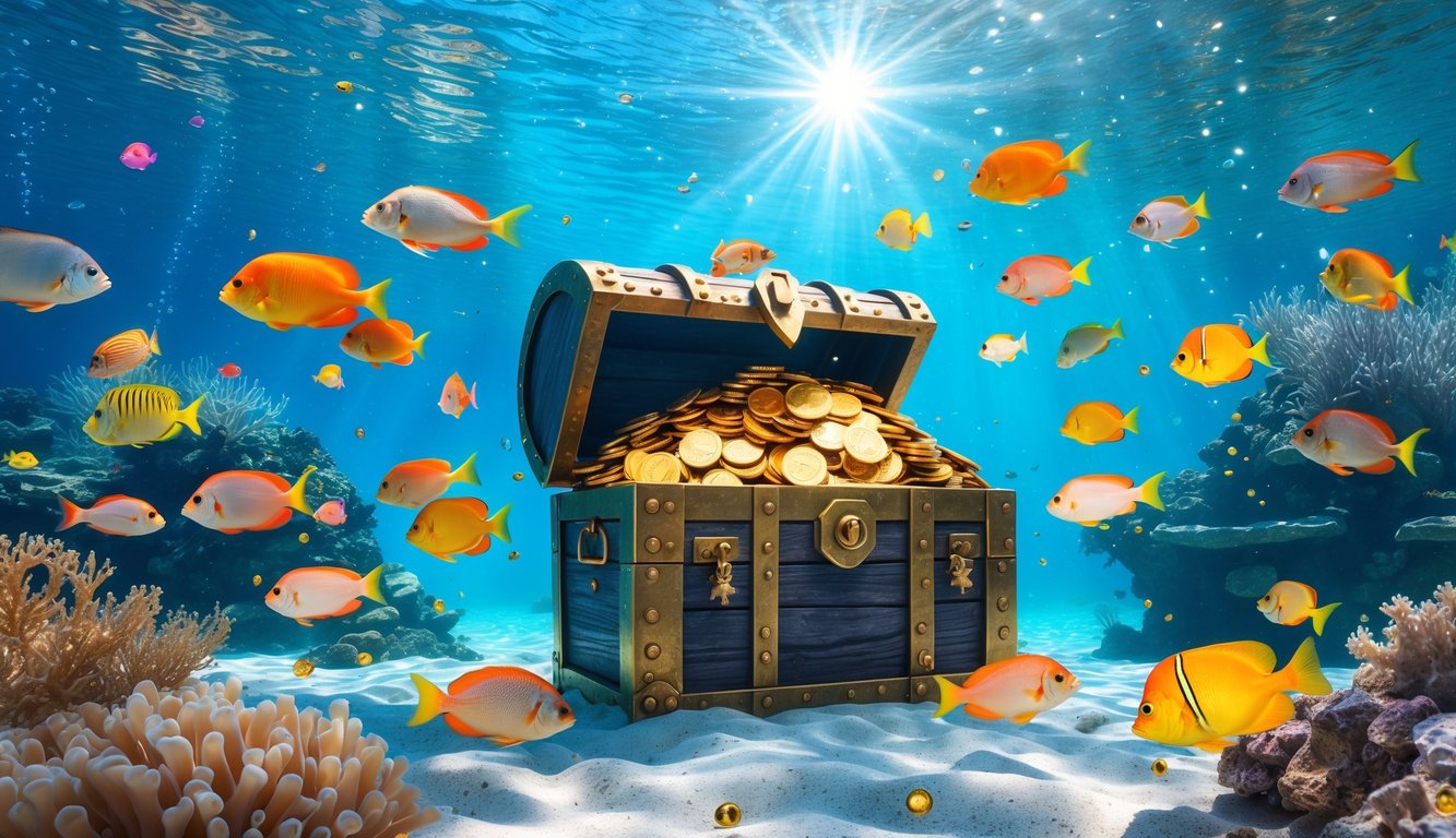 Pemandangan bawah laut dengan ikan berwarna-warni berenang di sekitar peti harta karun yang penuh dengan koin emas dan permata.
