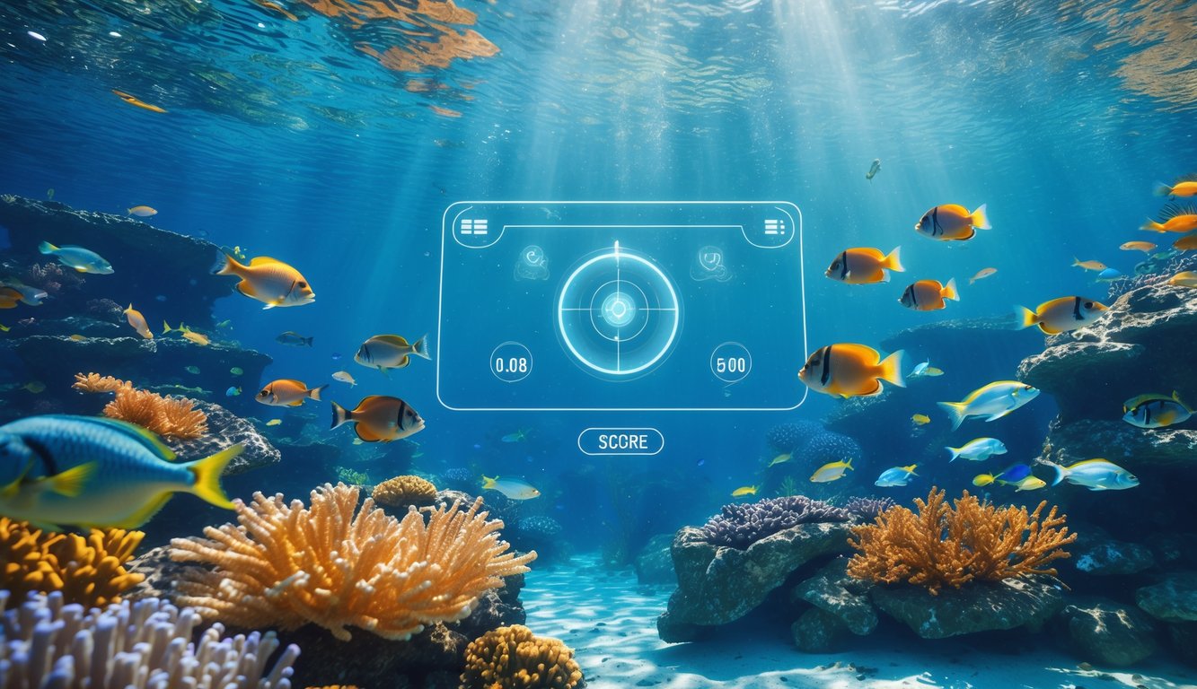 Pemandangan bawah laut dengan ikan-ikan berwarna-warni dan terumbu karang, menampilkan suasana permainan menembak ikan dengan elemen antarmuka permainan digital yang transparan.