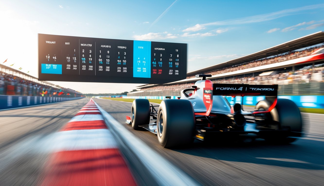 Mobil balap Formula 1 melaju cepat di lintasan dengan papan digital besar di latar belakang menunjukkan jadwal balapan.
