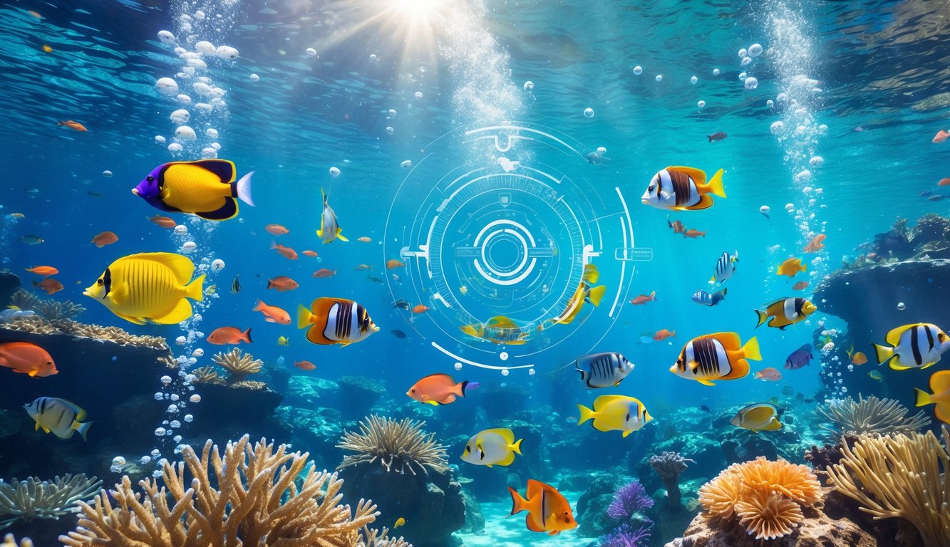 Pemandangan bawah laut dengan berbagai ikan tropis berwarna-warni berenang di antara terumbu karang.