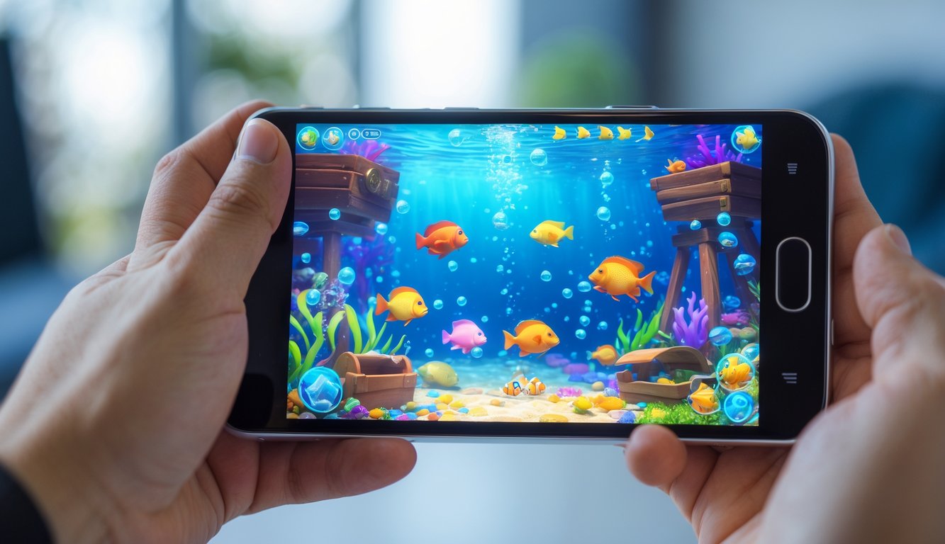 Seseorang memegang ponsel Android yang menampilkan permainan menembak ikan dengan berbagai ikan berwarna-warni di layar.