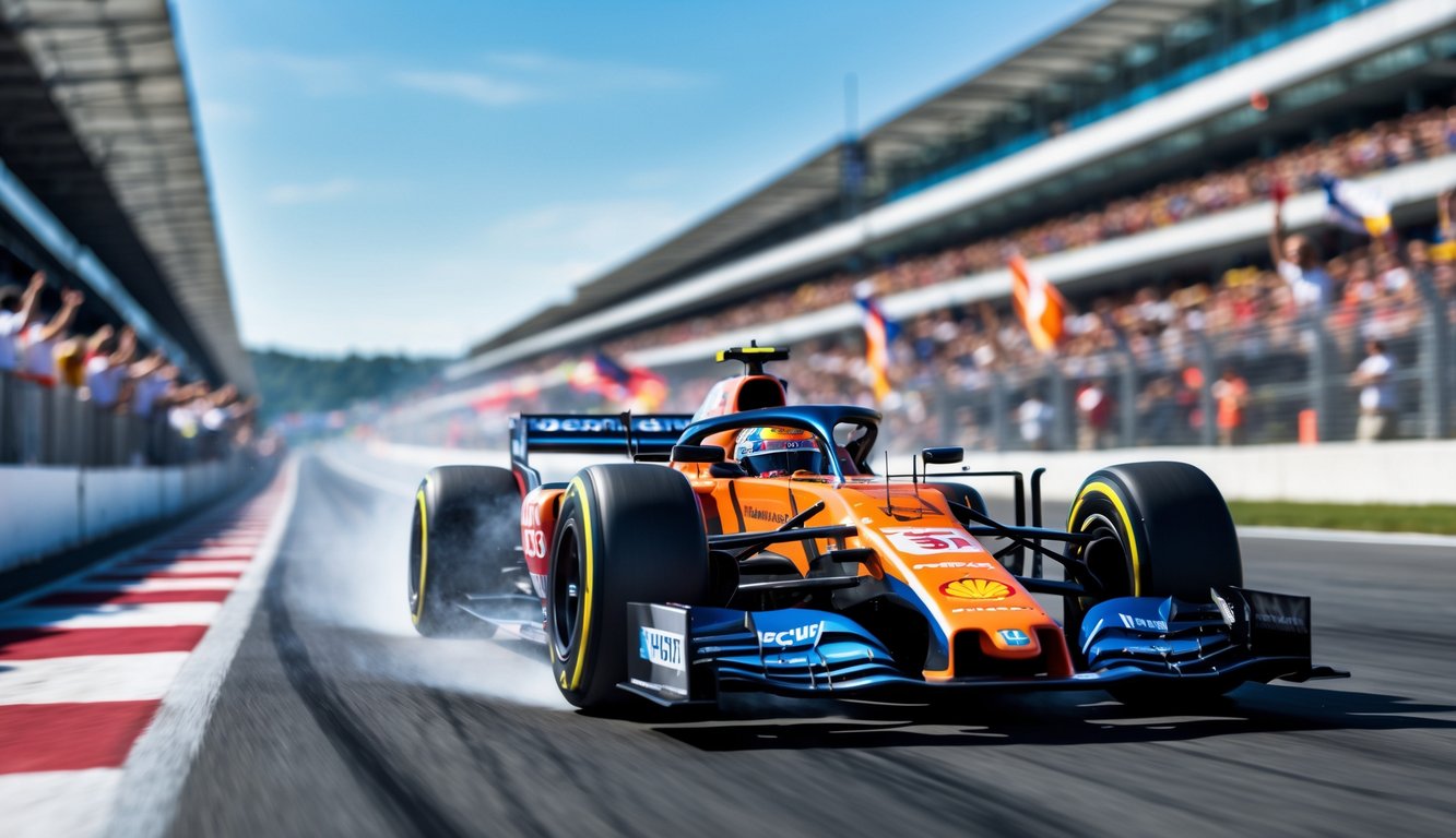 Mobil Formula 1 melaju cepat di lintasan balap dengan penonton di tribun yang sedang bersorak.