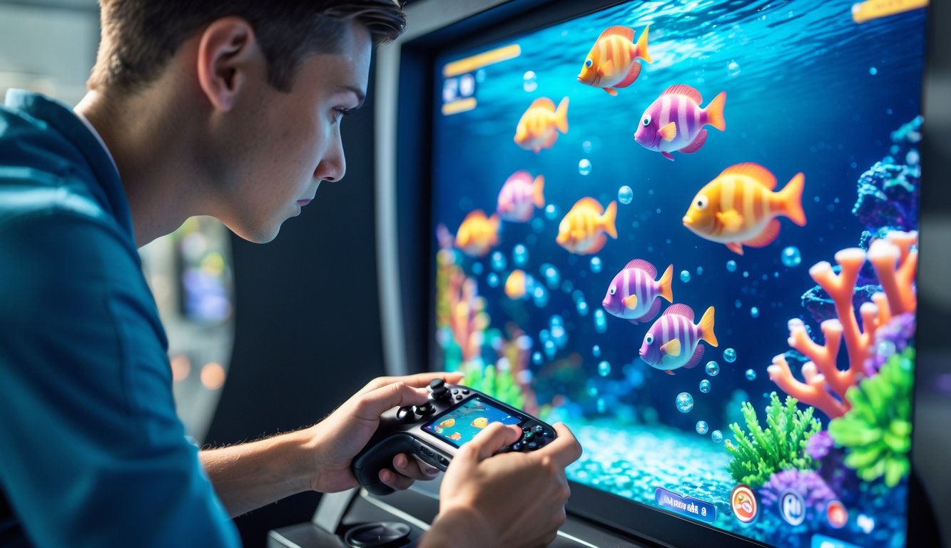 Seorang pemain fokus bermain game tembak ikan dengan latar belakang bawah laut dan ikan berwarna-warni di layar.