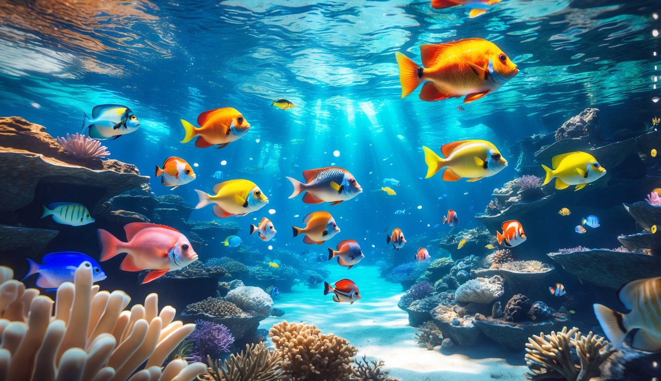 Pemandangan bawah laut dengan ikan tropis berwarna-warni berenang di sekitar terumbu karang dan elemen antarmuka permainan tembak ikan yang samar terlihat.