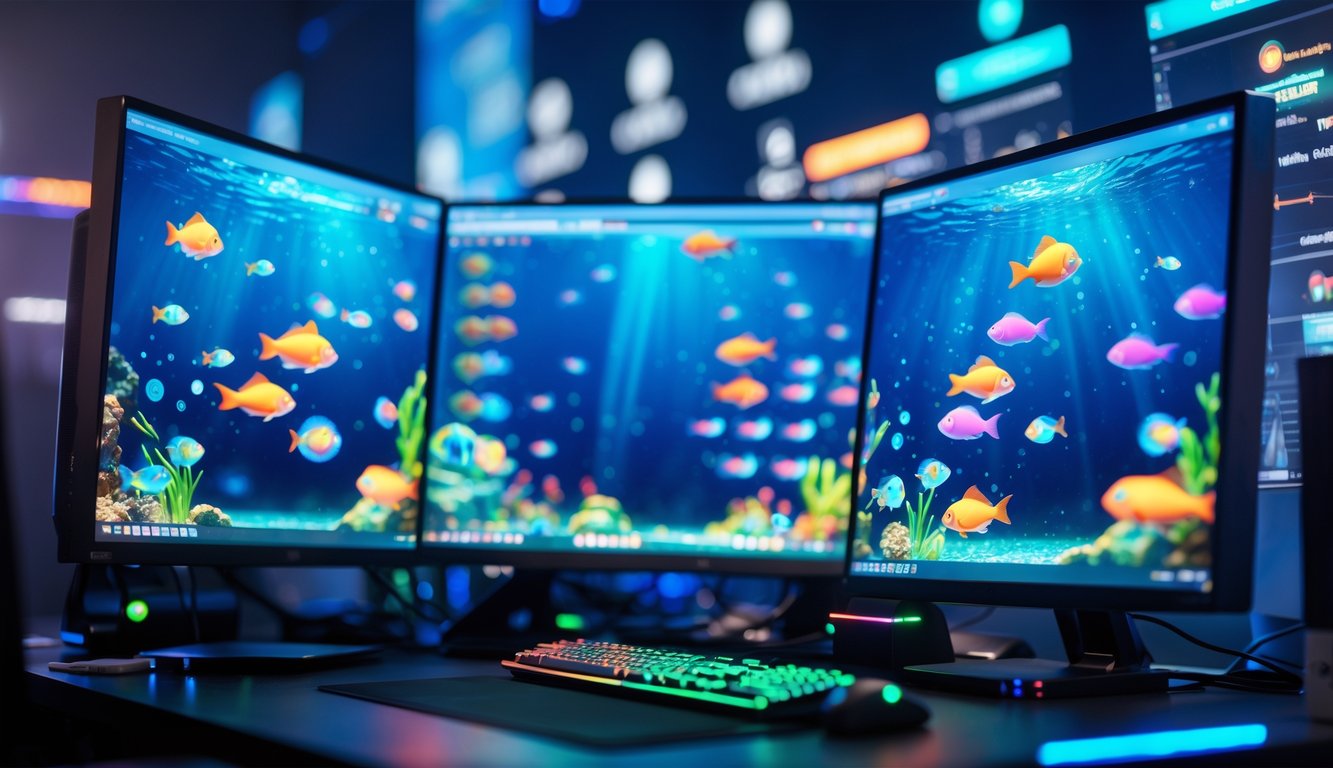 Sebuah meja komputer dengan beberapa layar menampilkan permainan menembak ikan dengan latar bawah laut berwarna-warni.