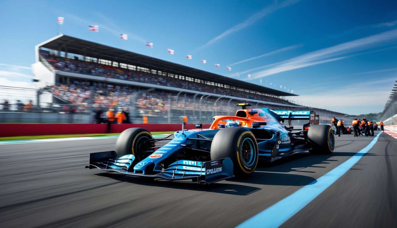 Mobil Formula 1 berkecepatan tinggi melaju di lintasan balap dengan penonton ramai di tribun dan kru pit siap bekerja.