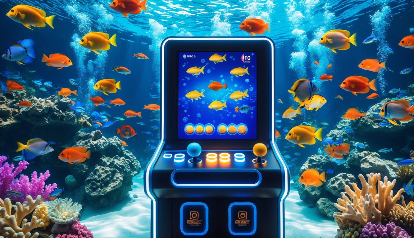 Suasana permainan tembak ikan dengan ikan tropis berwarna-warni di lingkungan bawah laut dan konsol permainan arkade modern di latar depan.