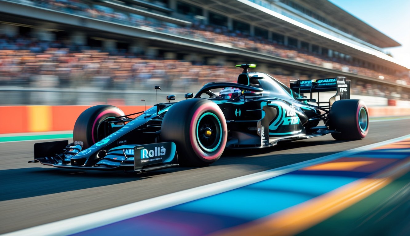 Mobil Formula 1 yang sangat cepat sedang melaju di lintasan balap dengan penonton di tribun latar belakang.