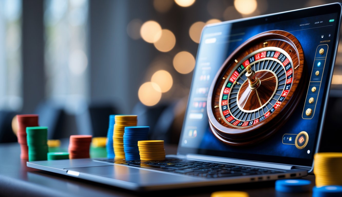 Sebuah meja dengan komputer menampilkan roda roulette online dan chip warna-warni di sekitarnya.
