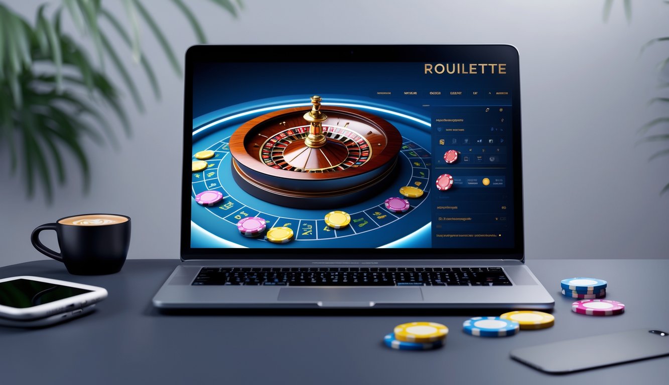 Orang menggunakan komputer dengan tampilan roda roulette online dan chip warna-warni di layar, di meja yang rapi dengan kopi dan ponsel.