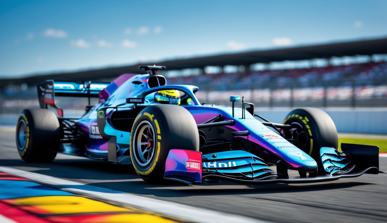 Mobil balap Formula 1 terbaru sedang melaju di lintasan balap dengan latar belakang tribun penonton.