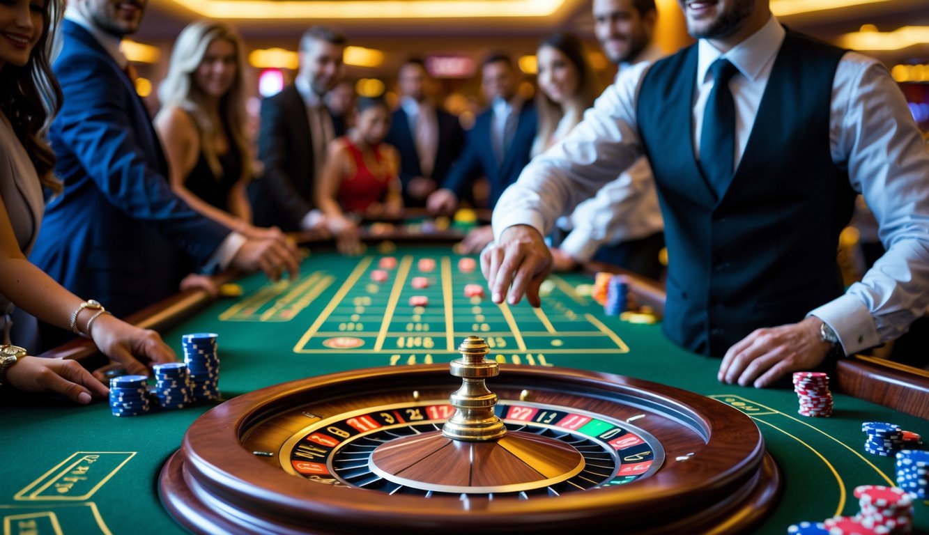 Suasana meja roulette di kasino dengan dealer dan pemain yang sedang bermain.