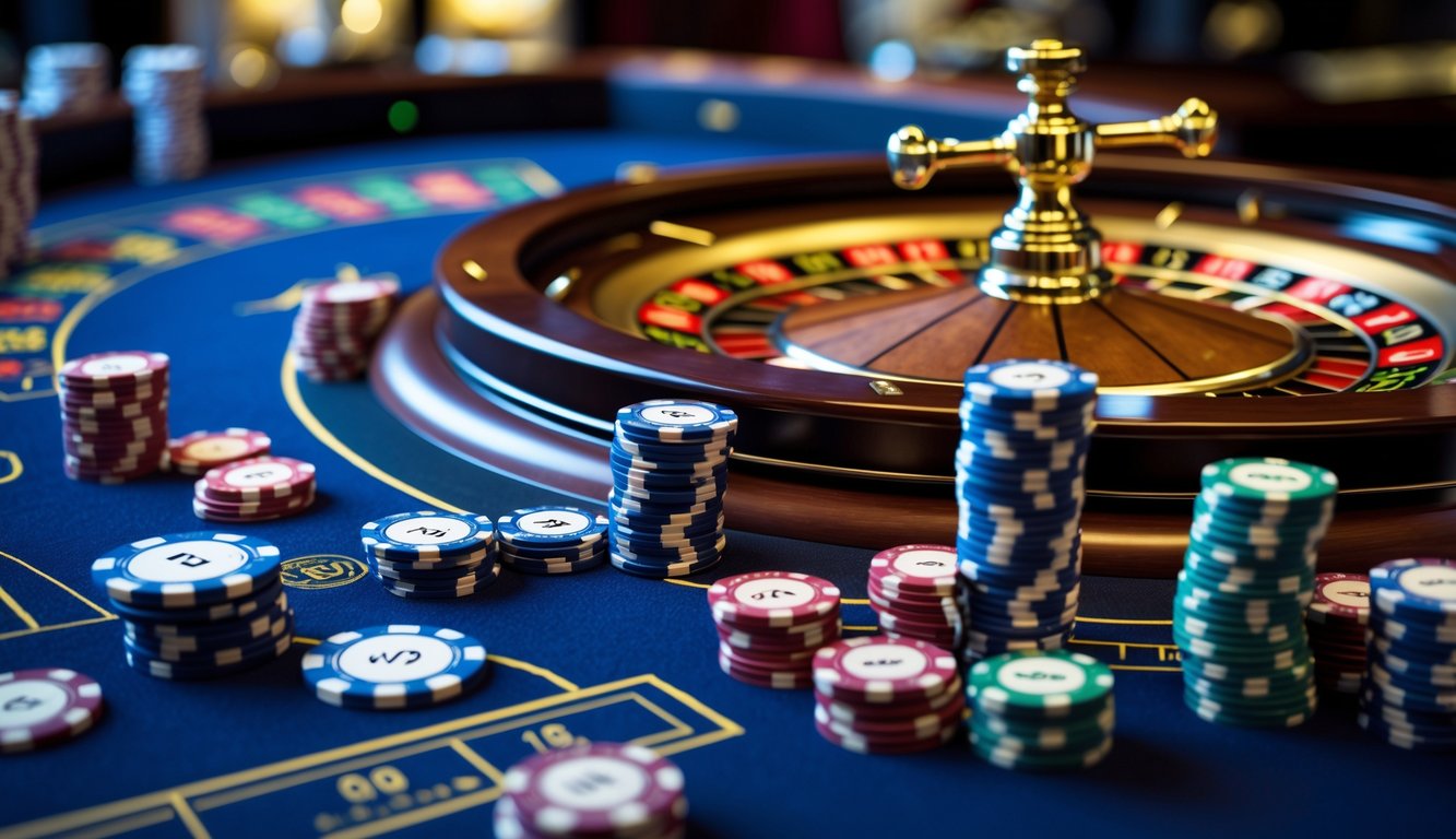 Meja roulette kasino dengan roda roulette dan tumpukan chip taruhan yang rapi.
