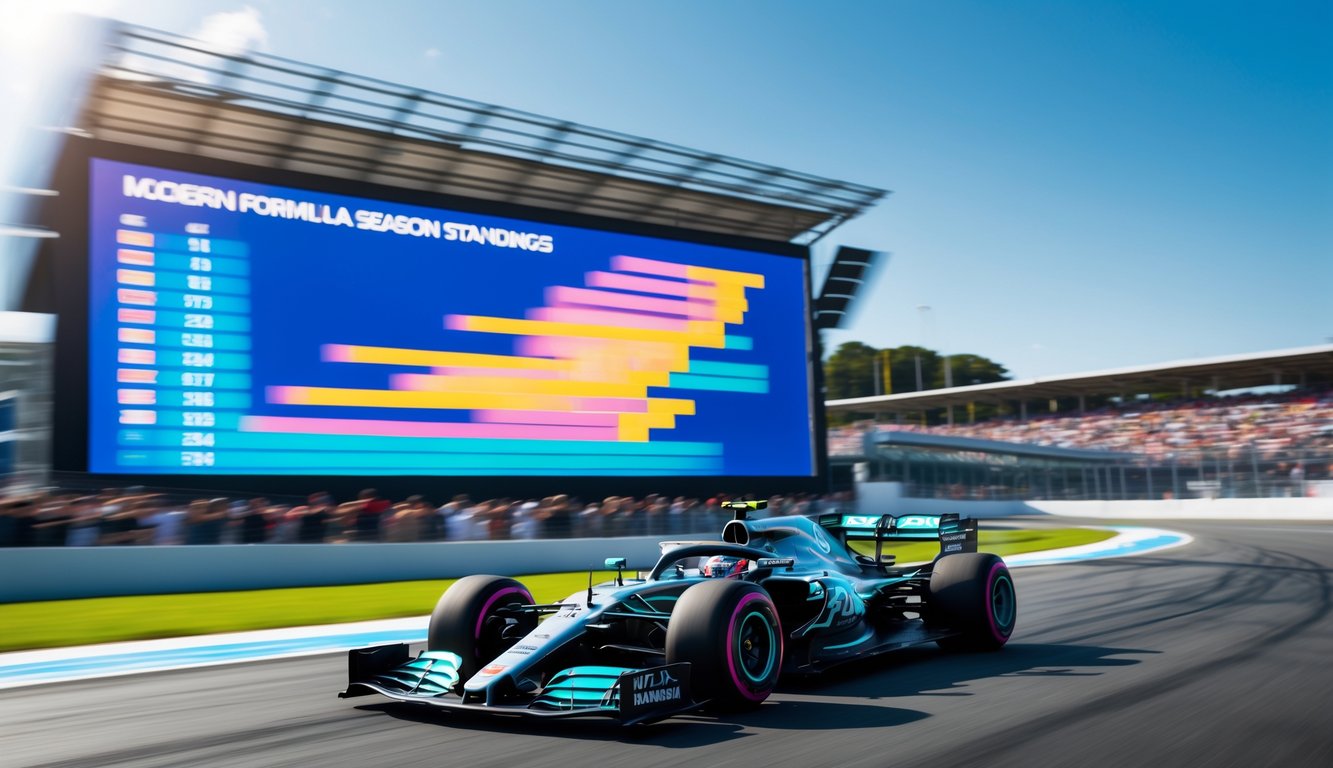 Mobil Formula 1 sedang melaju di lintasan balap dengan papan skor digital besar di latar belakang dan penonton di tribun.