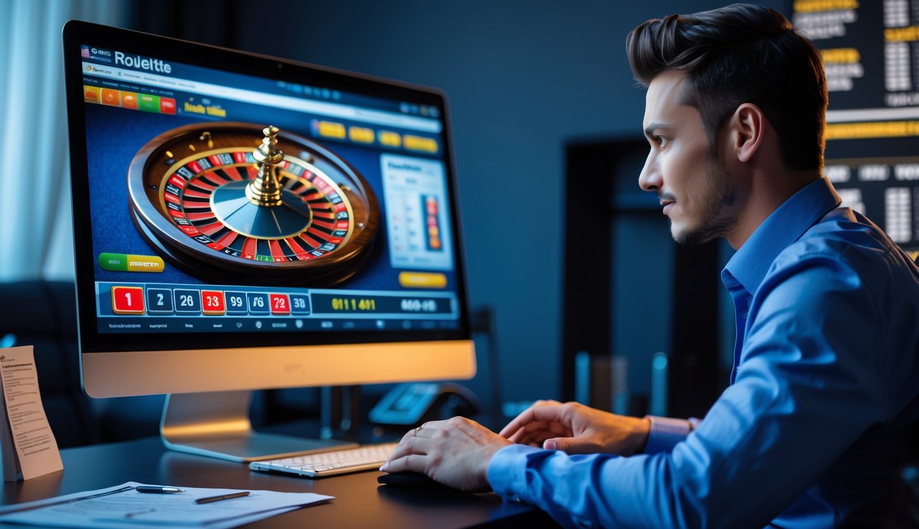 Seseorang sedang bermain roulette online di komputer dengan tampilan permainan di layar, terlihat fokus dan serius di ruang kerja yang rapi.