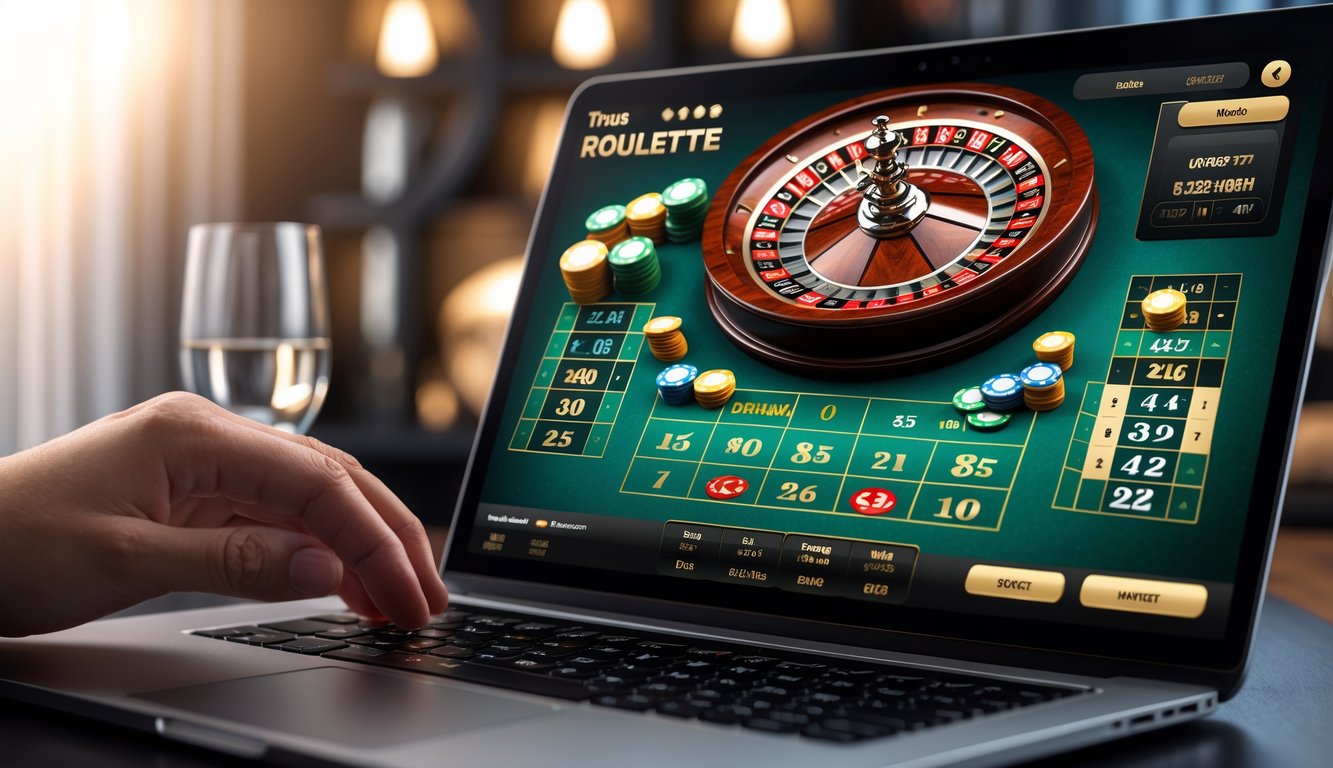 Layar perangkat digital menampilkan permainan roulette online dengan roda roulette berputar dan chip warna-warni di atas meja taruhan.
