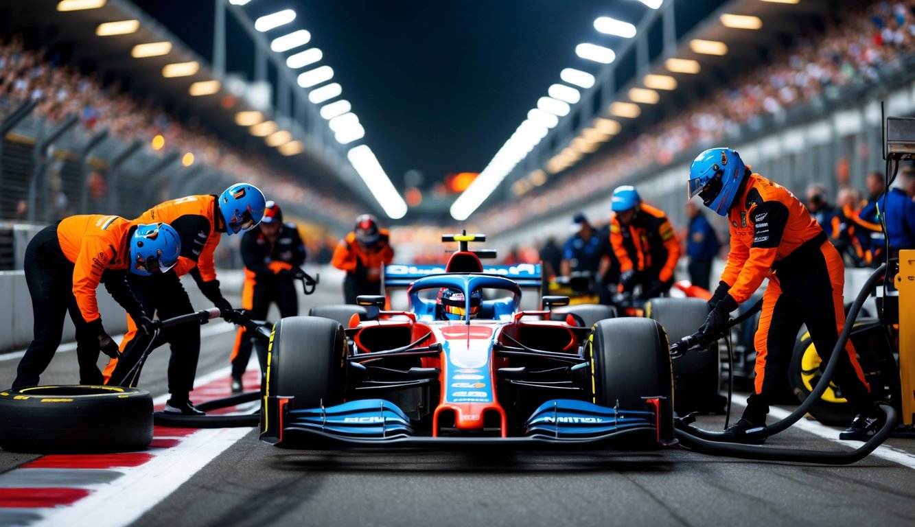 Tim mekanik sedang mengganti ban mobil Formula 1 di pit stop saat balapan.