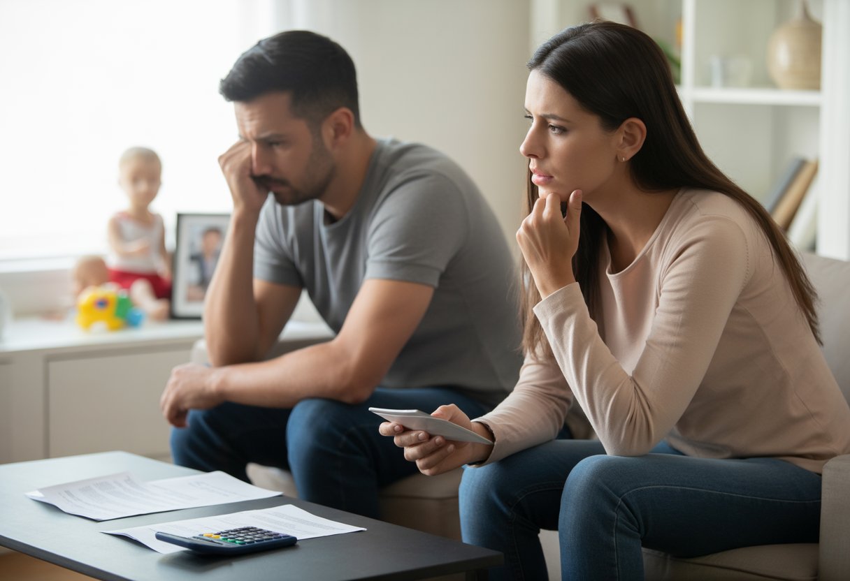 Een man en vrouw zitten apart op een bank in een woonkamer, met bezorgde gezichten en documenten op tafel, wat een moeilijke situatie over geld en kinderen uitbeeldt.