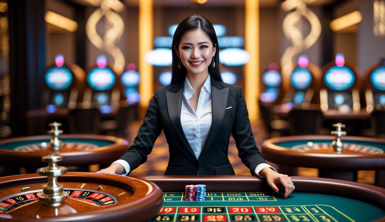 Seorang dealer roulette wanita berdiri di belakang meja roulette yang sedang berputar di kasino dengan pencahayaan hangat.