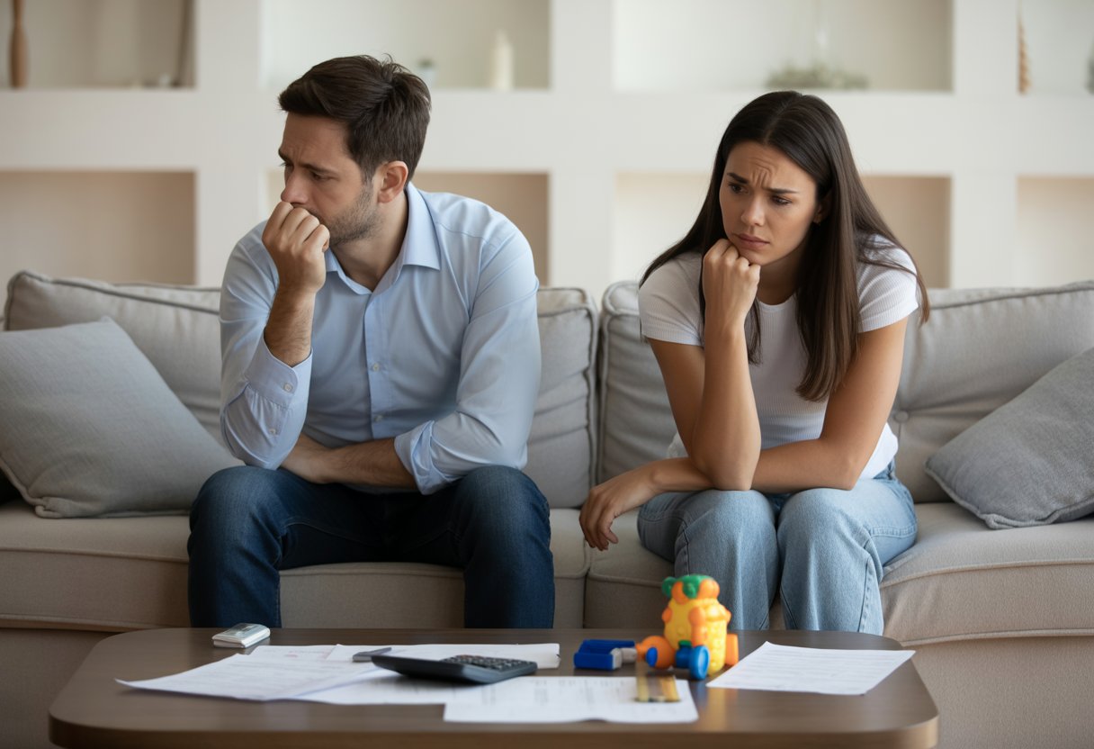 Een man en vrouw zitten gespannen op een bank in een woonkamer, met documenten, een rekenmachine en een kinderspeelgoed op tafel tussen hen in.