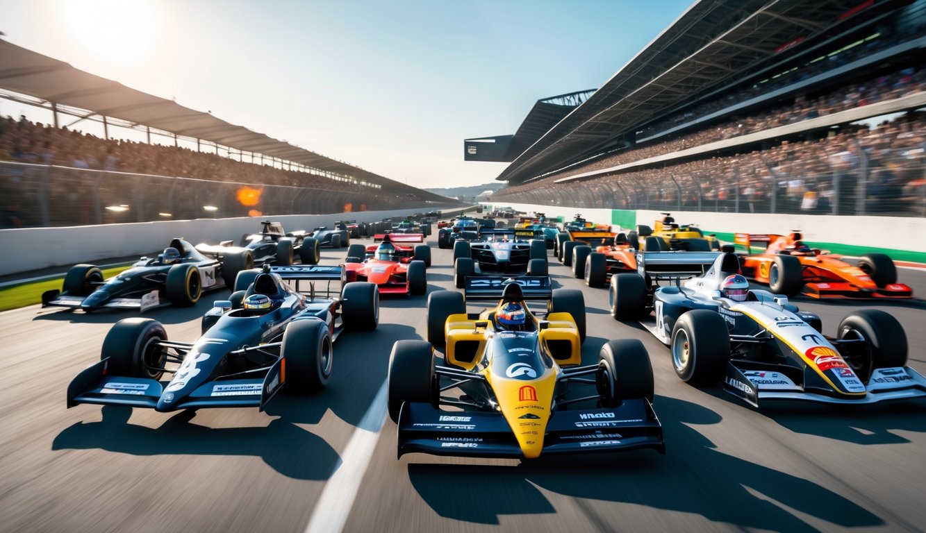 Beberapa mobil balap Formula 1 dari berbagai era sedang melaju di lintasan balap dengan penonton di tribun.