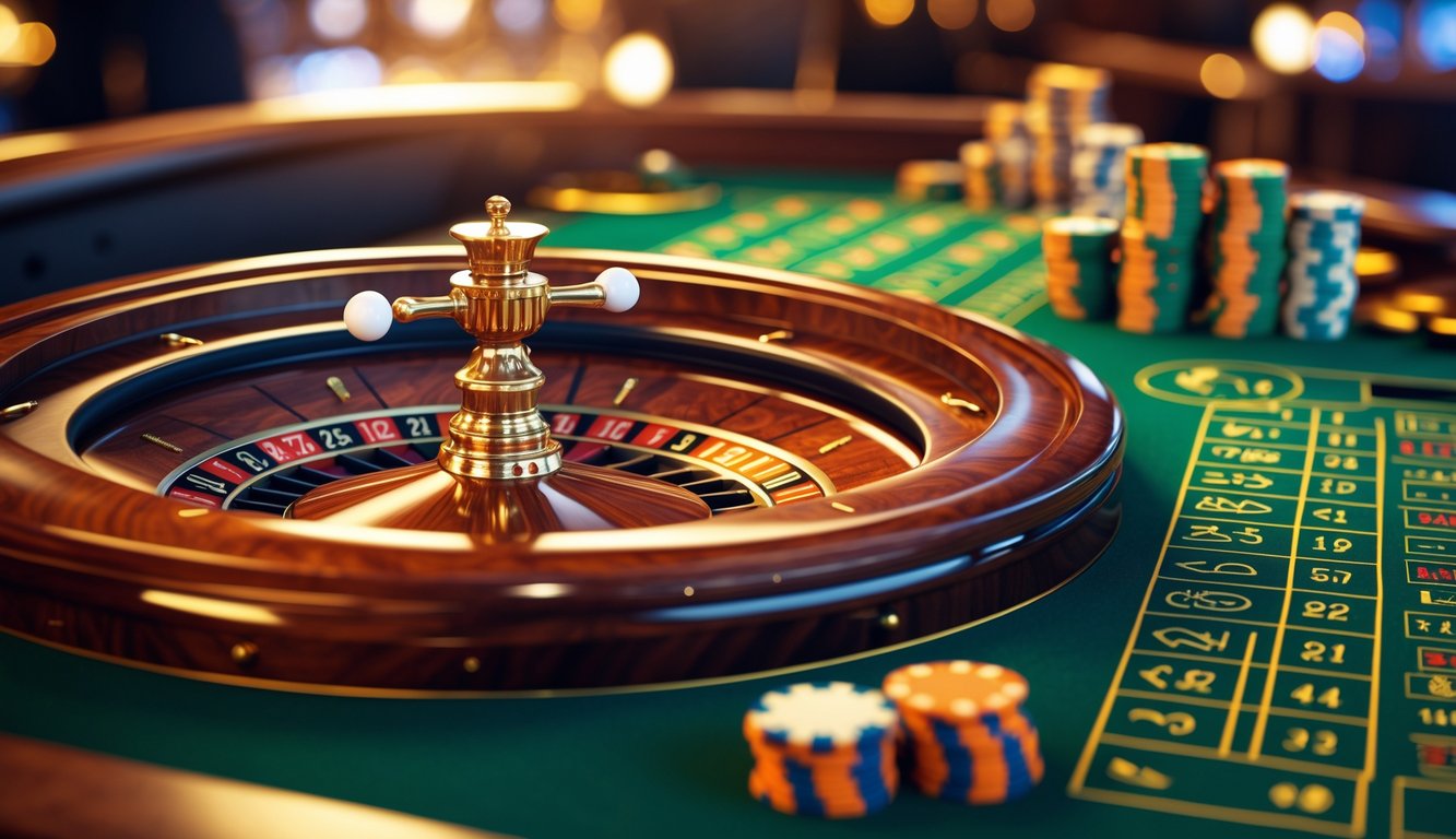 Meja roulette kasino dengan roda roulette berputar dan bola putih di atasnya, dikelilingi oleh tata letak taruhan hijau dan tumpukan chip.