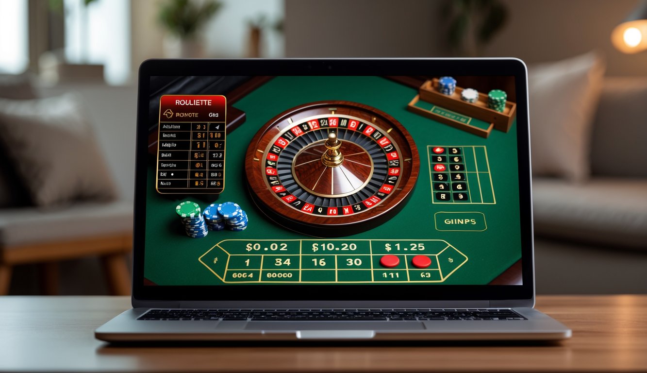 Layar laptop menampilkan permainan roulette online dengan roda roulette berwarna cerah dan chip digital, di atas meja kayu dengan latar belakang ruangan yang nyaman.