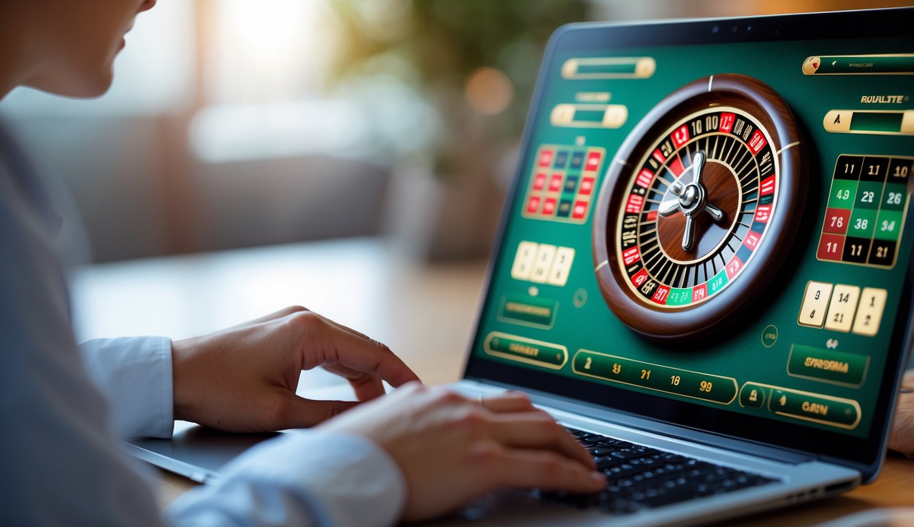Seorang pemain menggunakan komputer untuk bermain roulette online dengan tampilan roda roulette dan antarmuka taruhan di layar.
