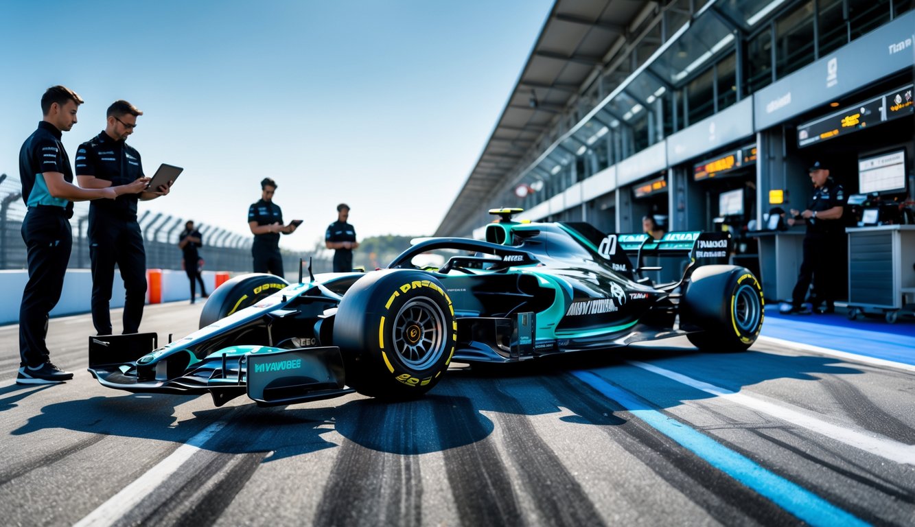 Mobil balap Formula 1 modern di lintasan dengan insinyur yang memeriksa teknologi mesin dan komponen canggih di sekitarnya.