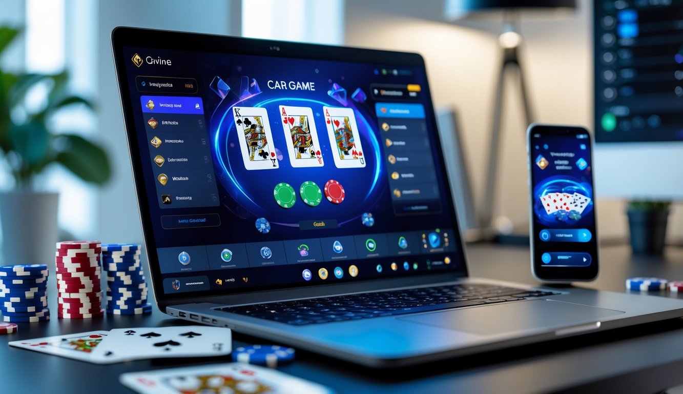 Seorang pria menggunakan laptop di meja dengan kartu remi dan chip poker, menunjukkan suasana permainan kartu online.