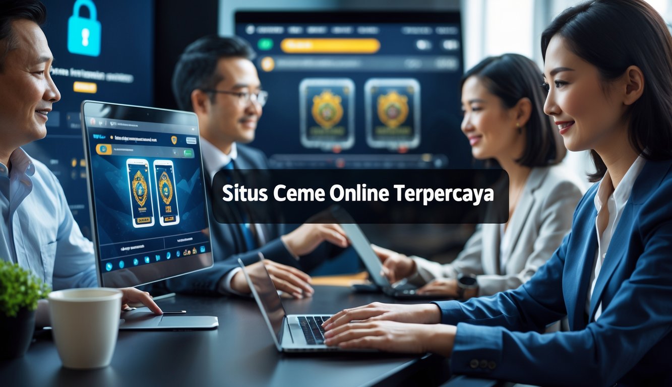 Orang-orang menggunakan laptop di ruang kerja modern dengan permainan kartu digital di layar, menunjukkan suasana permainan online yang dapat dipercaya.