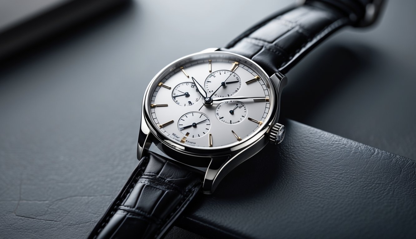 Foto jam tangan mewah IWC Schaffhausen dengan tali kulit hitam yang diletakkan di atas permukaan gelap.