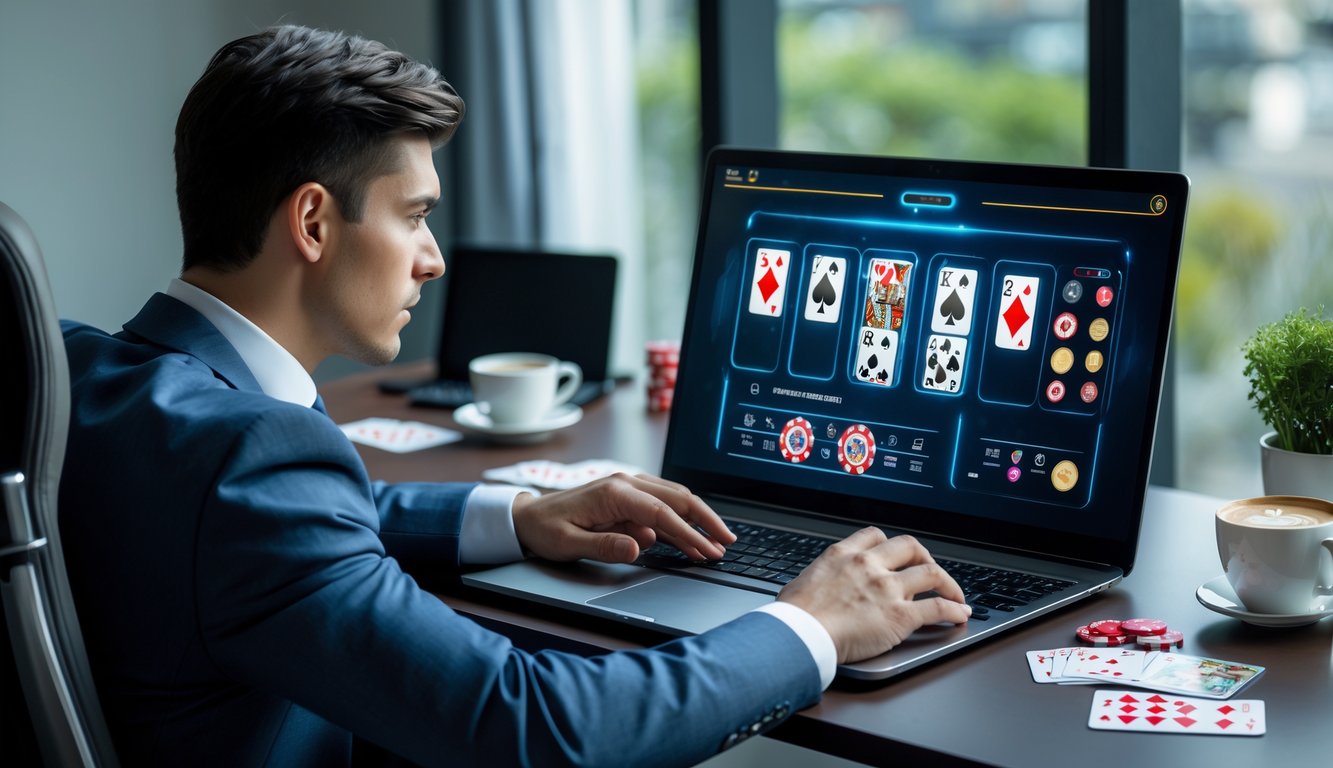 Seorang pria muda duduk di depan laptop dengan kartu dan chip permainan di meja di ruang kerja modern.