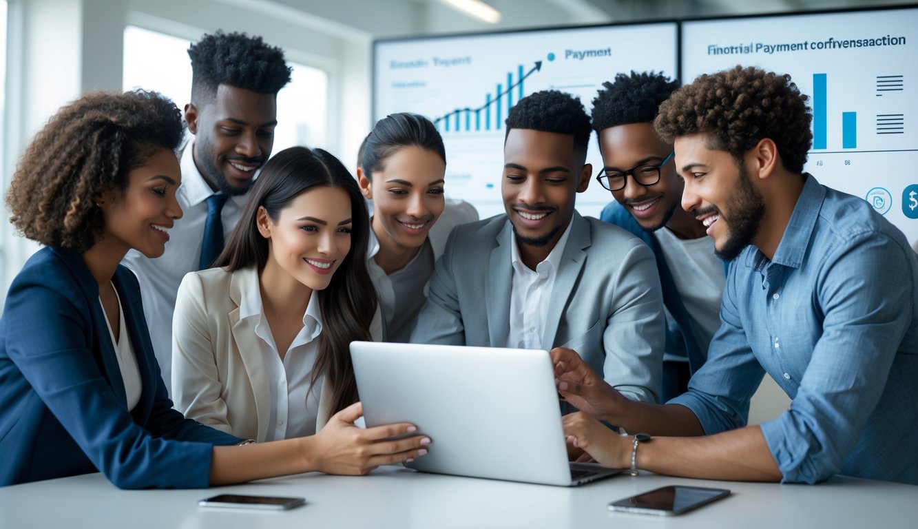Sekelompok orang muda menggunakan laptop dan ponsel untuk melakukan transaksi uang secara online di kantor modern.