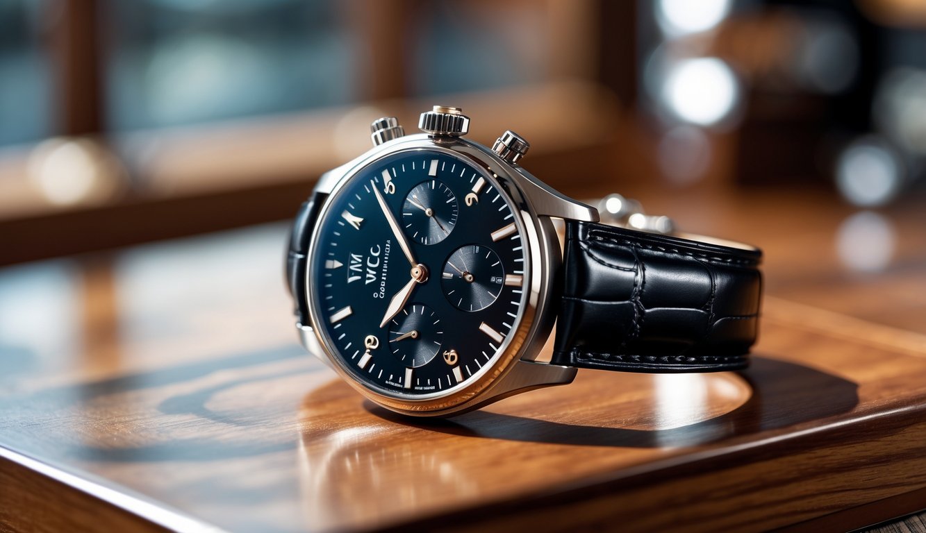 Jam tangan IWC Schaffhausen terbaru diletakkan di atas permukaan kayu dengan latar belakang buram.